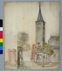 31121 Gezicht op de zuidwesthoek van de Janskerk op het Janskerkhof te Utrecht met de zuidwesttoren, uit het ...